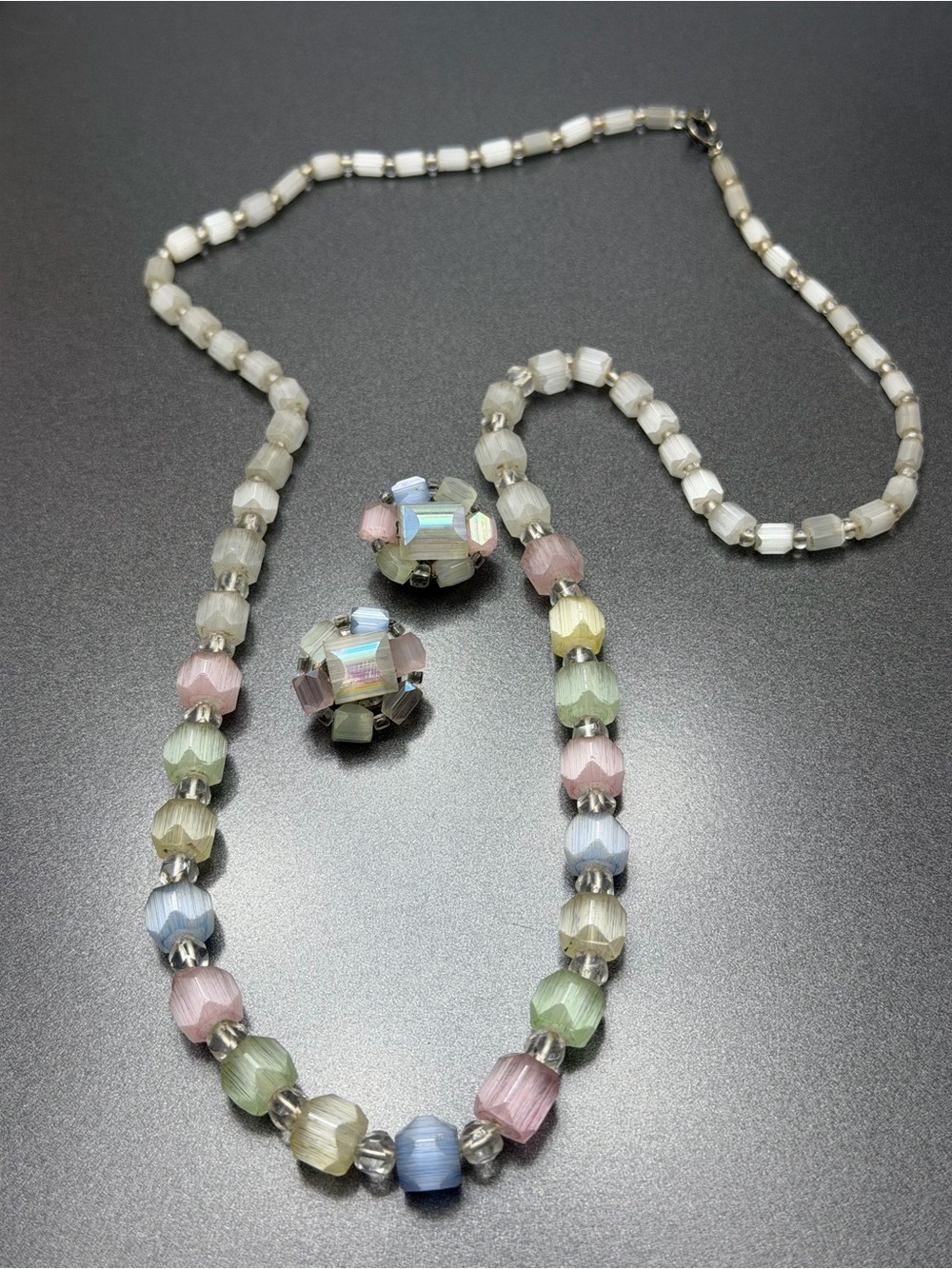 Vintage Hazel Atlas Glass Necklace and Clip Earrings